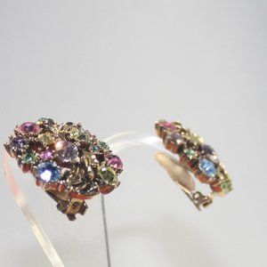 Lisner vintage 1950's rhinestone clip on earrings, pair, large round